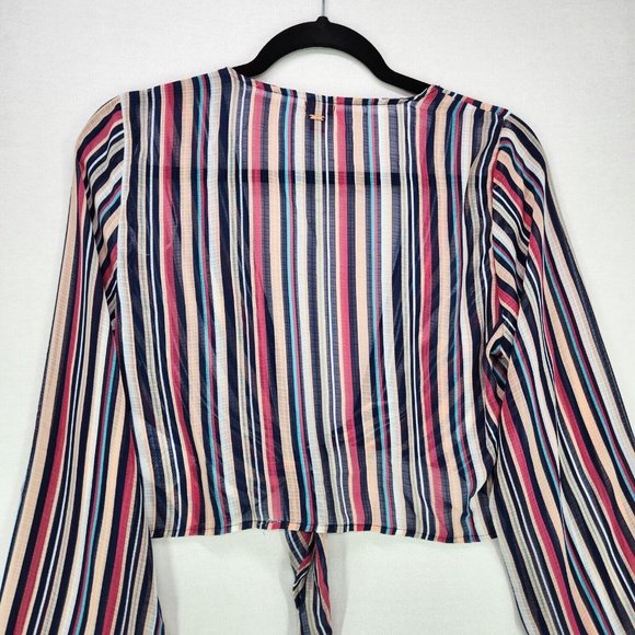 Guess Cropped Top Womens Large Sheer Long Sleeve Ruffle Striped Tie Front - Picture 7 of 9